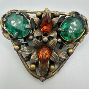 1930s 1940s antique Art Deco green orange Czech glass rhinestones dress clip